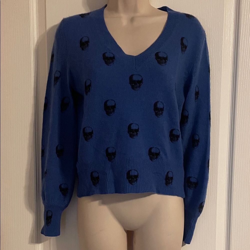 Skull Cashmere Sweater Womens XS Blue Excellent V-Neck Intarsia Knit Pullover